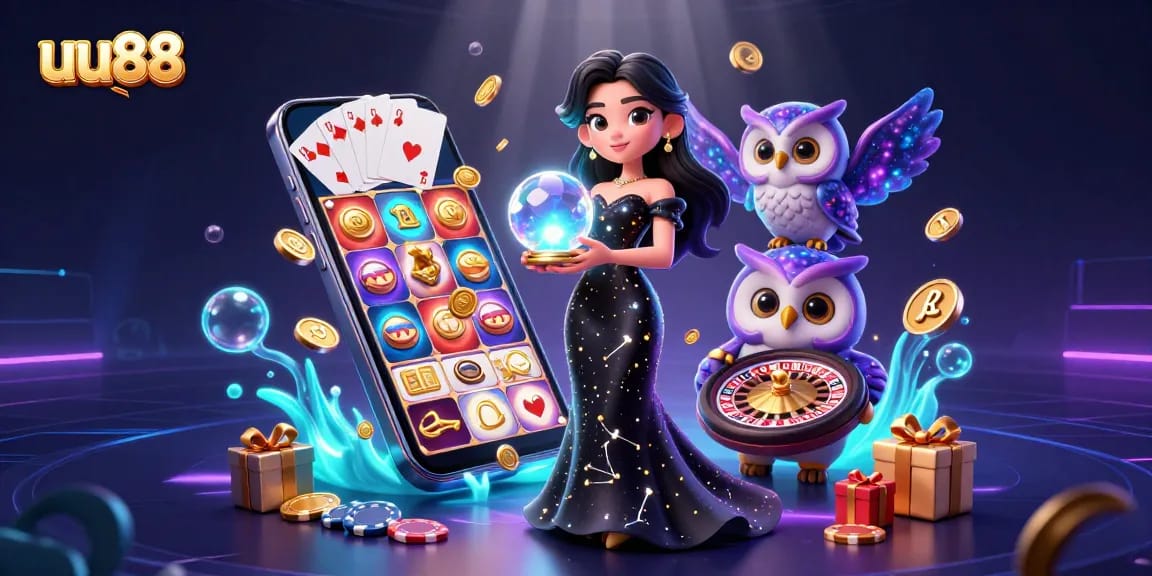 Experience the thrill of uu88 casino gaming with a dynamic 3D illustration featuring vibrant slot games, roulette, and exciting characters.