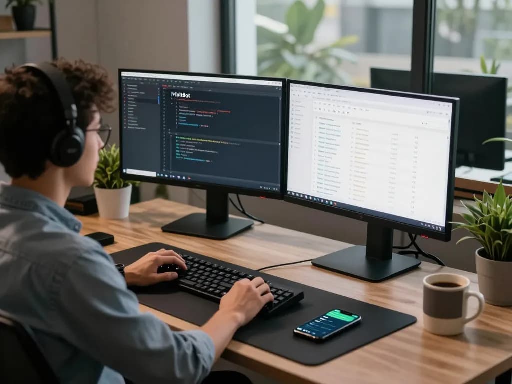 Molt bot software development workspace with a developer using dual monitors and coding tasks.