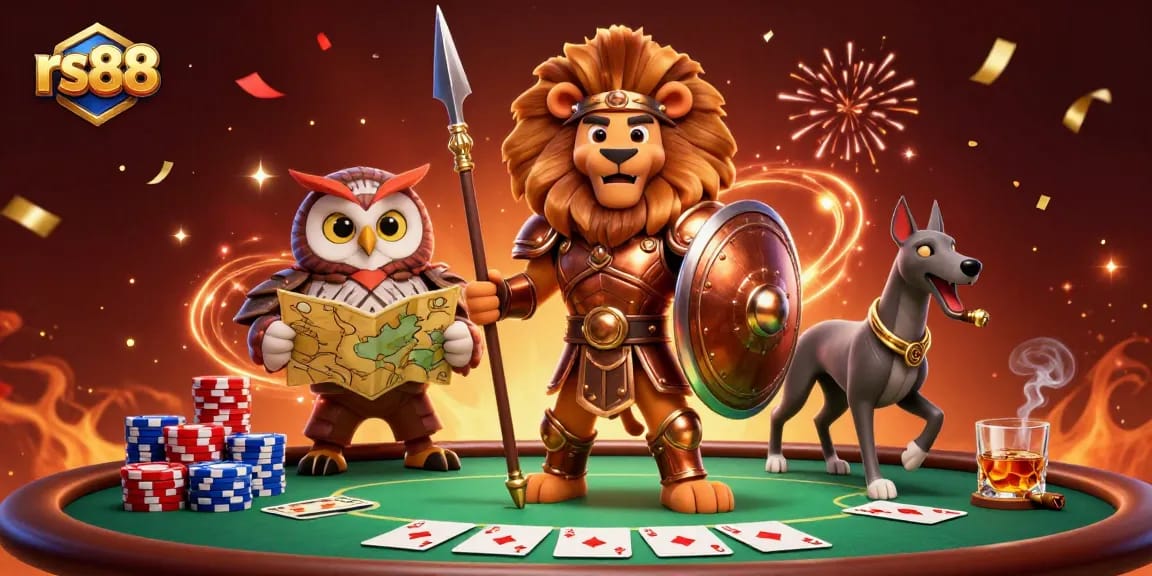 Engage with the thrilling casino world of rs88, where a Spartan lion leads the game with ace cards and vibrant poker chips.