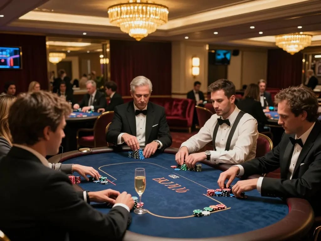 Hitclub players enjoying a high-stakes poker game in a luxurious casino atmosphere with champagne.