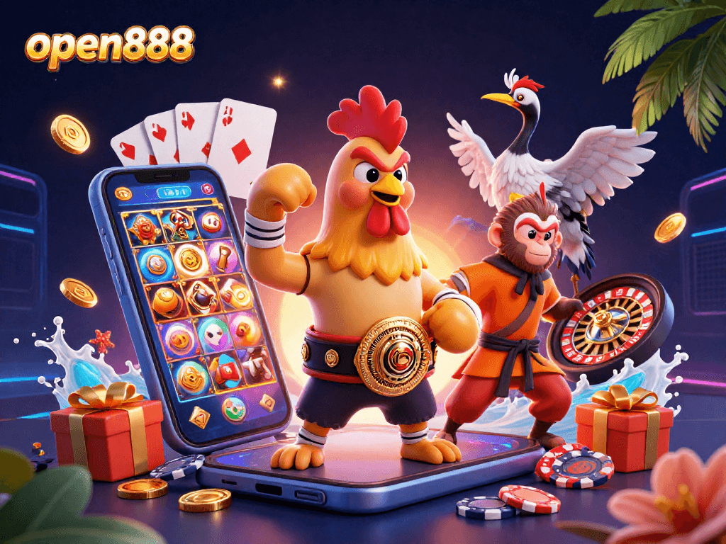 Experience thrilling gaming at open888 with a vibrant illustration showcasing casino elements and characters.