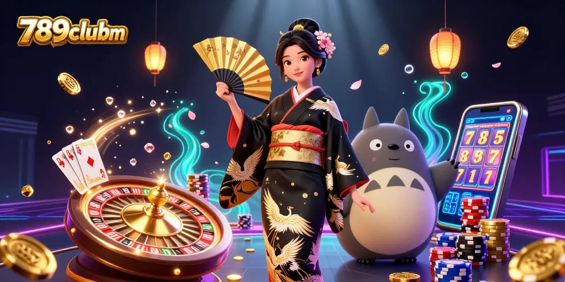 Experience the excitement of 789clubm with a vibrant casino scene featuring Asian artistry and dynamic game elements.