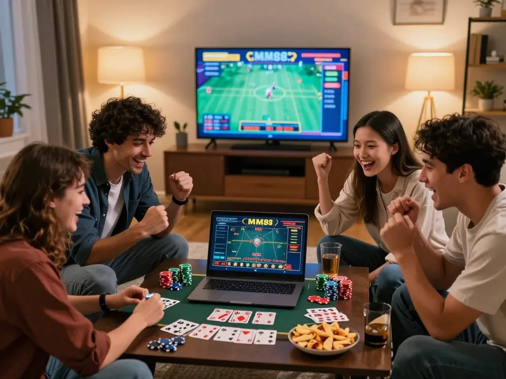 Friends enjoying an exciting MM88 online betting game session in a cozy living room.