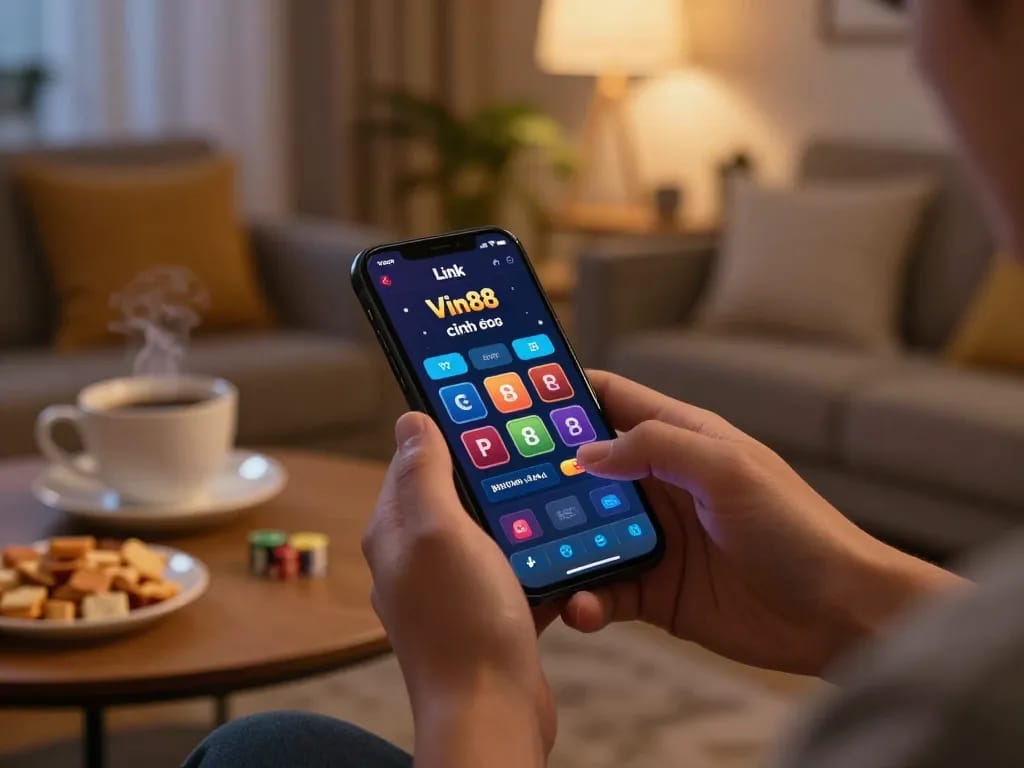 Engaging with the Link Vin88 chính thức app during an exciting online gaming night, showcasing vibrant atmosphere and smartphone action.