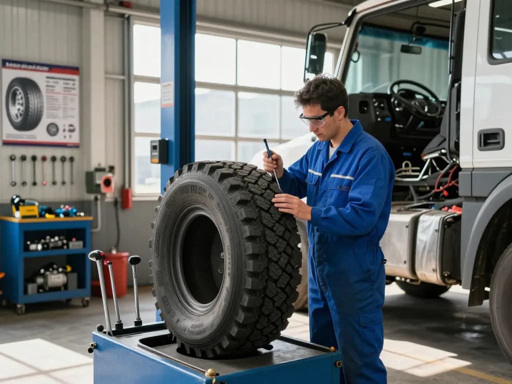 Mechanic inspecting a Double Coin RR99 tire in a garage, showcasing professional automotive service.