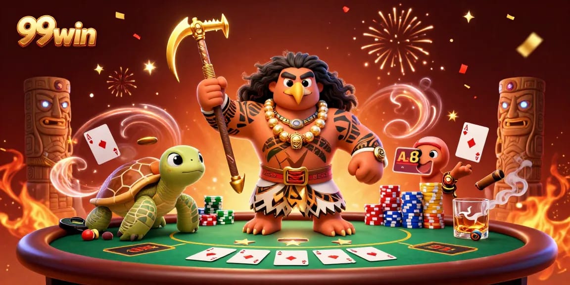 Experience thrilling poker action with 99win's demigod and turtle in a vibrant casino scene.