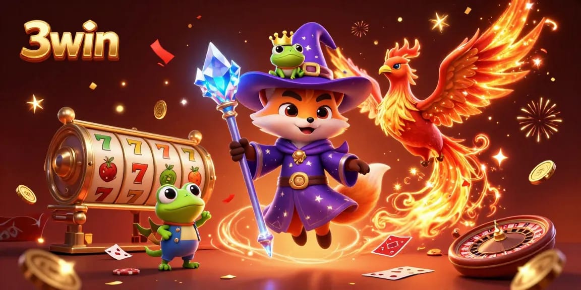 Experience the excitement of 3win with vivid slot reels and a mystical wizard fox illustration.