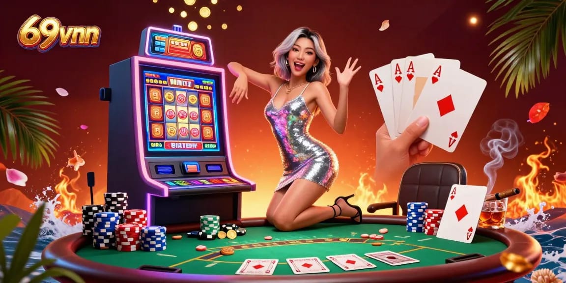 Celebrate jackpots at 69vnn with a stunning Asian woman amidst vibrant casino elements.