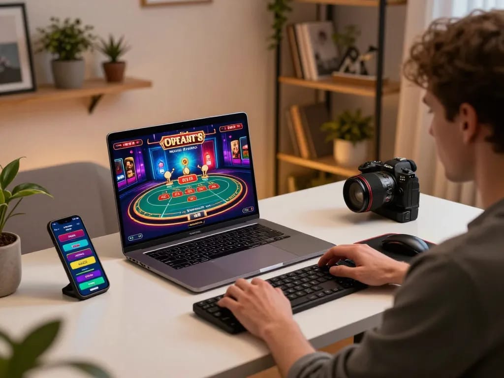 river4 engaging in live dealer gaming at a stylish home office with colorful casino graphics and strategic focus