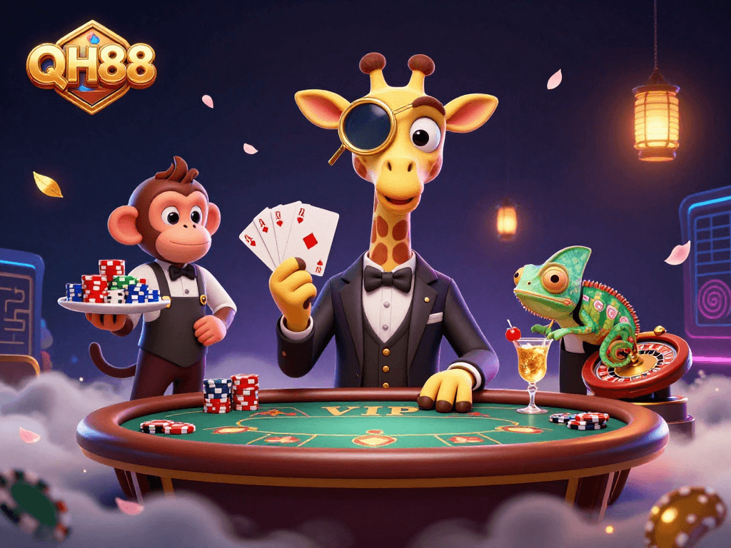 Experience the vibrant world of QH88 with a high-roller giraffe at a VIP poker table amidst dynamic casino elements.
