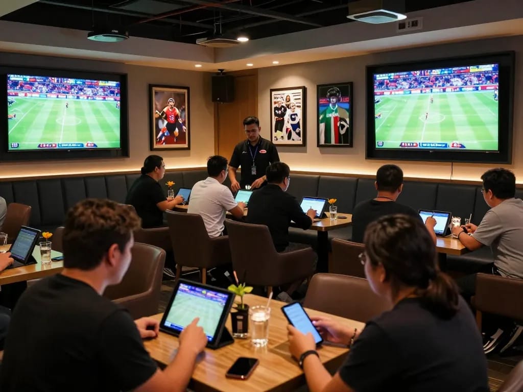 Engaging with dynamic sports betting at XX88 in a modern lounge atmosphere.