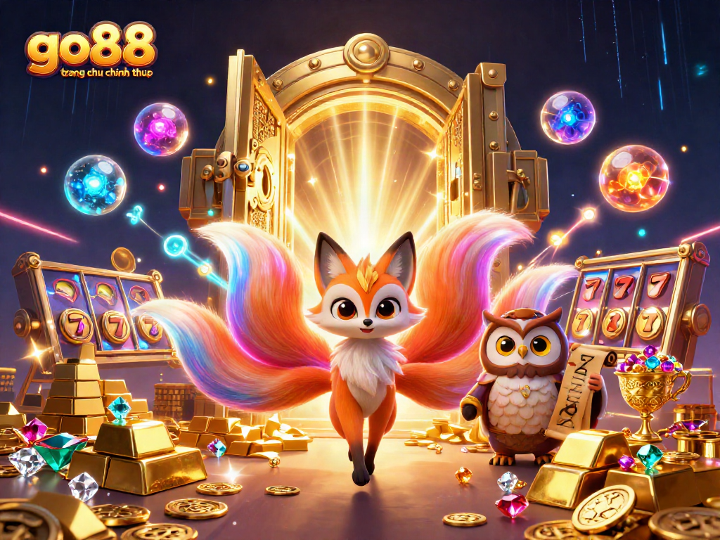 Experience the magic of go88 trang chu chinh thuc with mystical creatures and dazzling treasures in a vibrant casino scene.