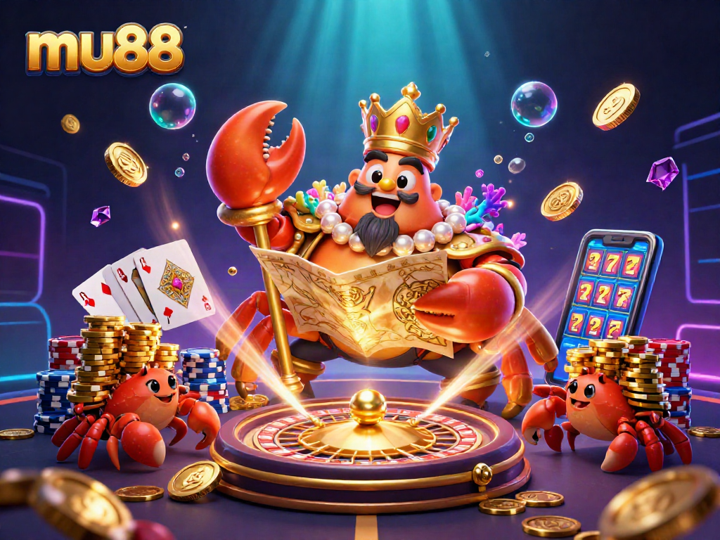 Play exciting games at mu88 with a golden crab emperor and vibrant casino elements.