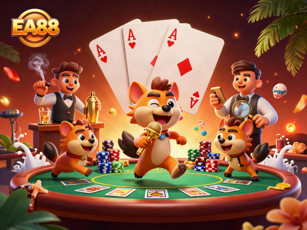 Engage with EA88’s vibrant comedy casino scene featuring hyenas in action.
