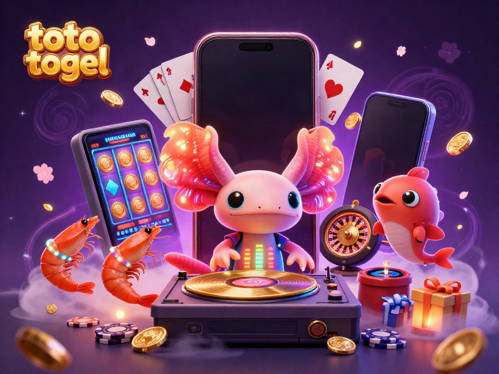 Engage with thrilling toto togel action inside a vibrant casino scene featuring a DJ axolotl and animated sea creatures.