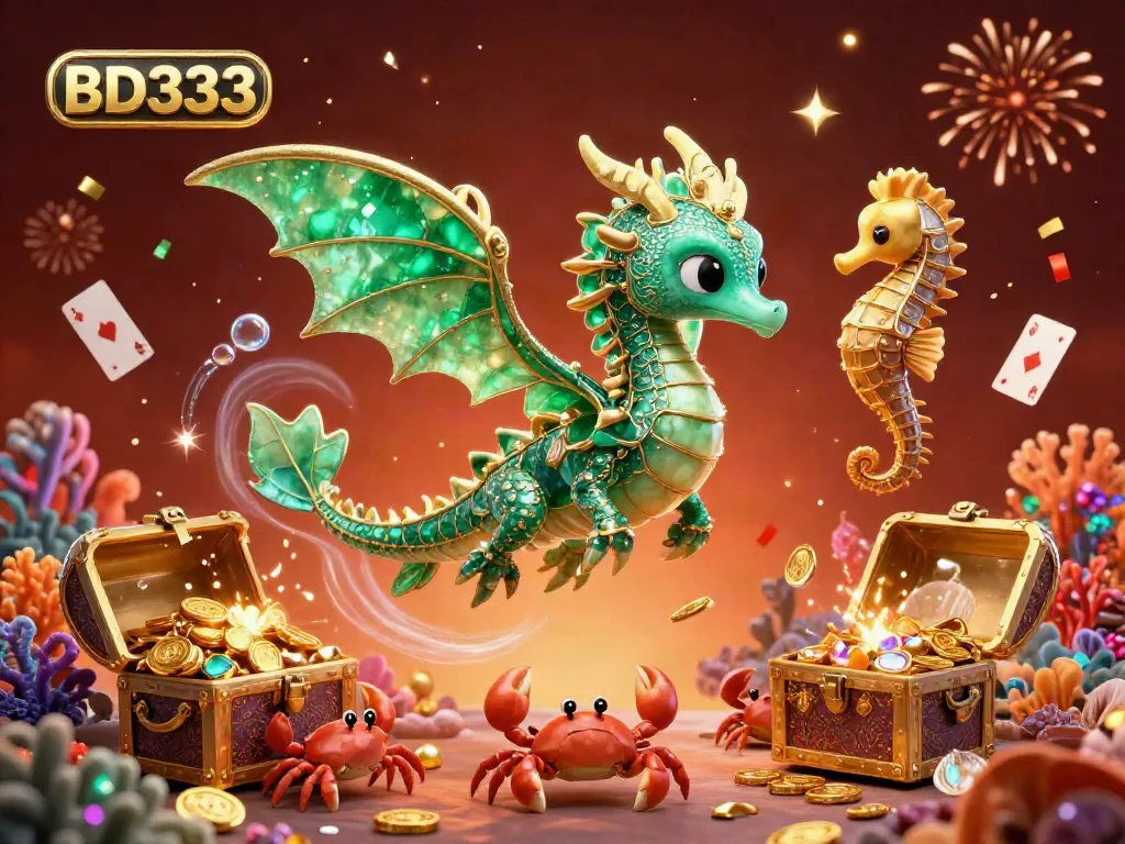 Experience the vibrant underwater world of BD333 with stunning treasures and engaging characters in this dynamic casino-themed illustration.