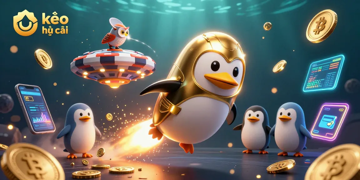 Engage with kèo nhà cái through vibrant 3D illustration of a golden penguin and crypto elements.