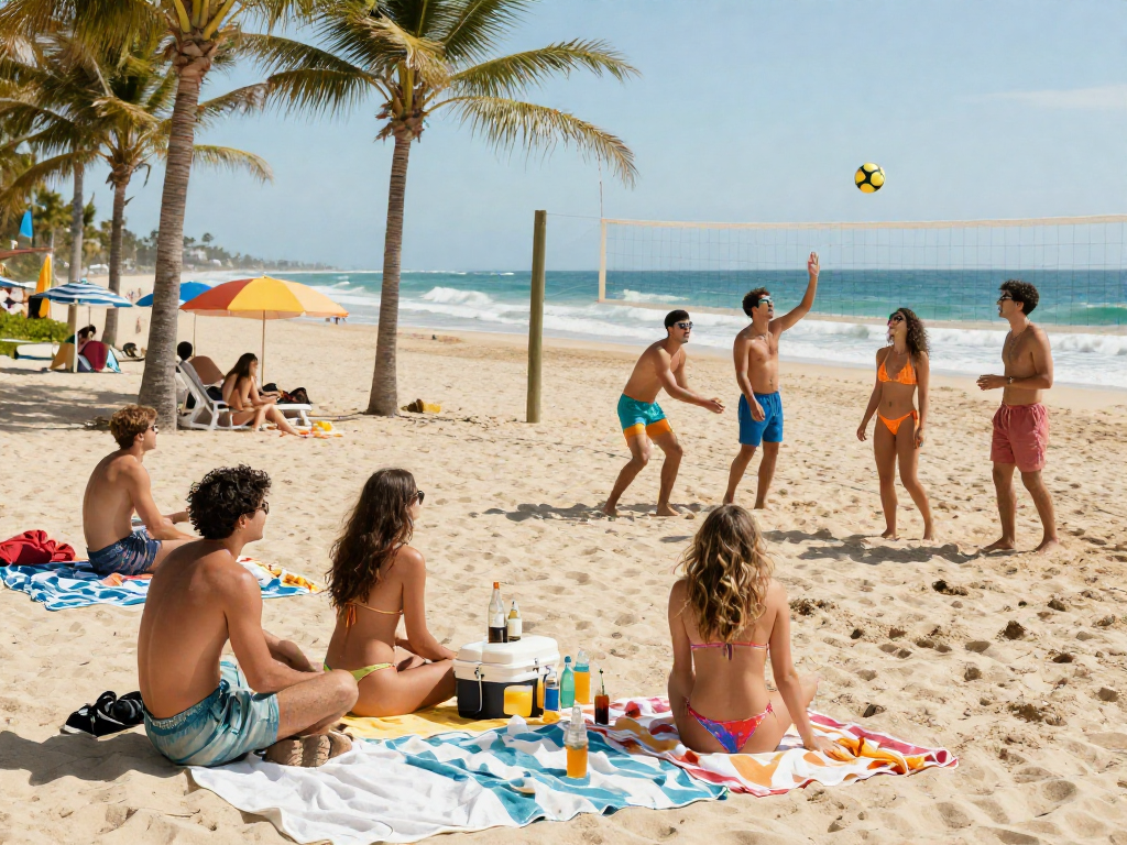 Group enjoying a sunny beach day with BIKINISLOT swimwear, vibrant colors, and ocean waves.