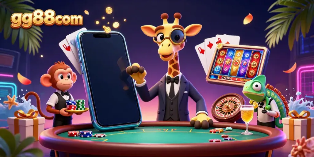 Experience the vibrant world of gg88com with a high-roller giraffe at a poker table, surrounded by casino elements.