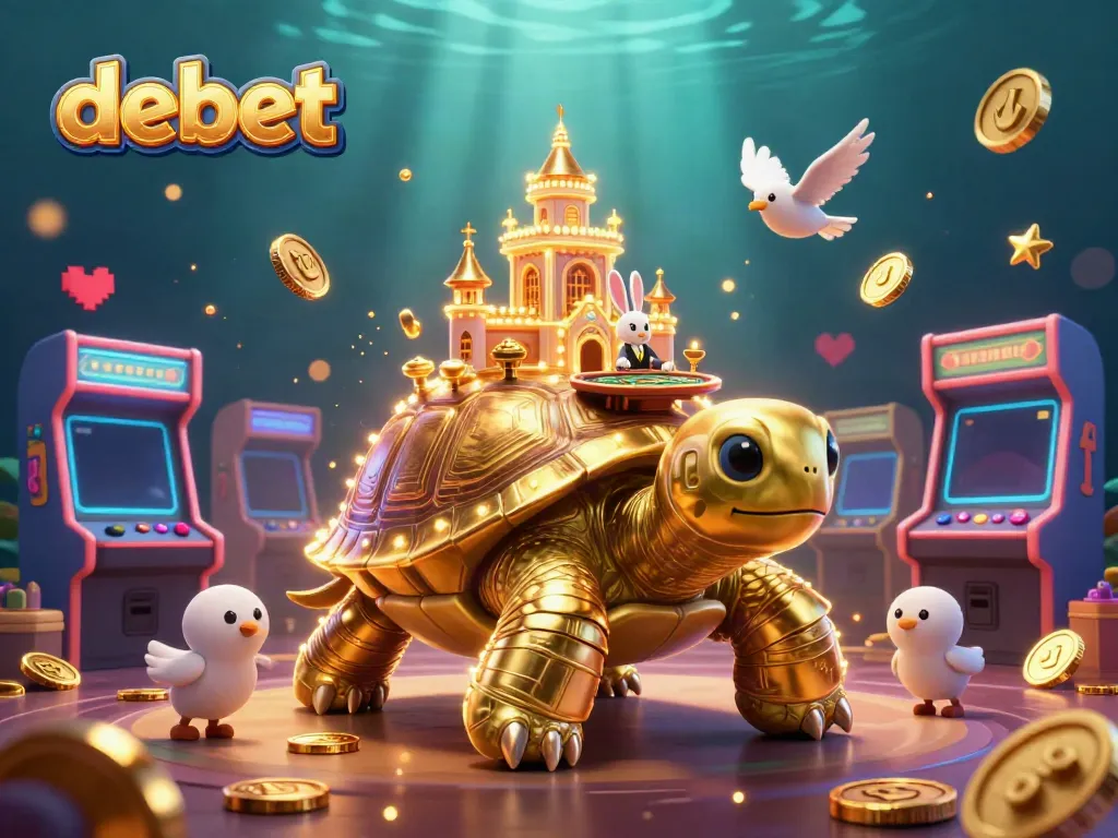 Engage in exciting gaming with debet, featuring a giant tortoise casino and lively game elements.