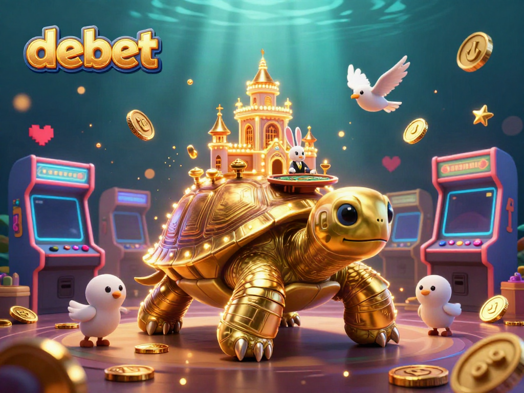 Engage in exciting gaming with debet, featuring a giant tortoise casino and lively game elements.