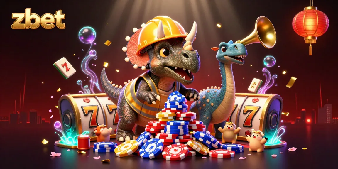 Engage with zbet's vibrant slots scene featuring a festive triceratops and surrounded by glowing casino elements.