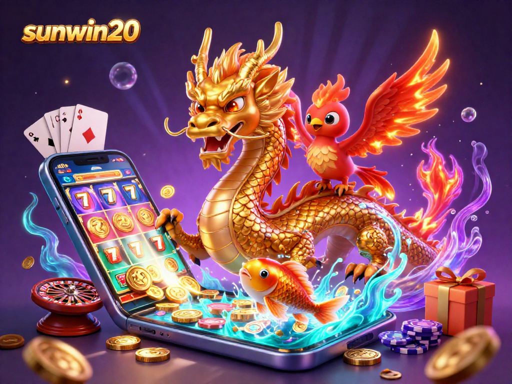 Engage with sunwin20's vibrant casino scene featuring a dragon, phoenix, and koi fish.