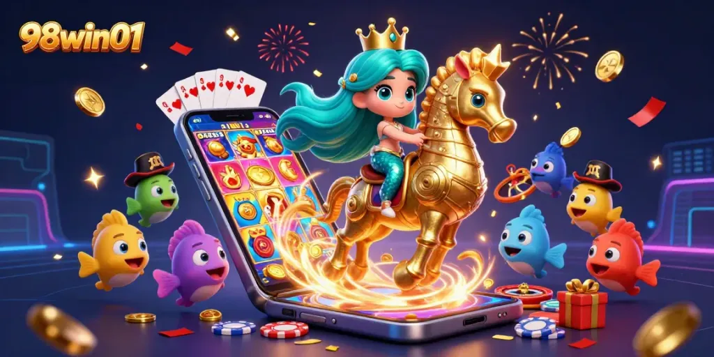 Play colorful slot games with 98win01, featuring a mermaid on a seahorse in a dynamic casino scene.