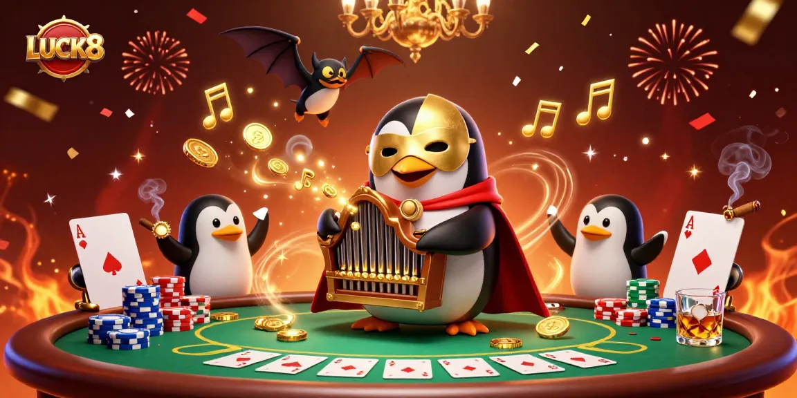 LUCK8 chơi bài với chú cánh cụt ma mị mang mặt nạ vàng, tiền vàng rơi xung quanh