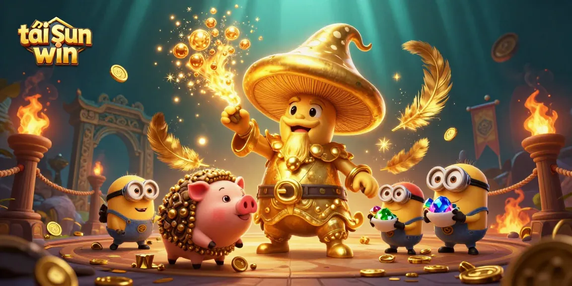 Engage in the magic of tải sun win while the golden mushroom wizard conjures treasures amidst a vibrant casino scene.
