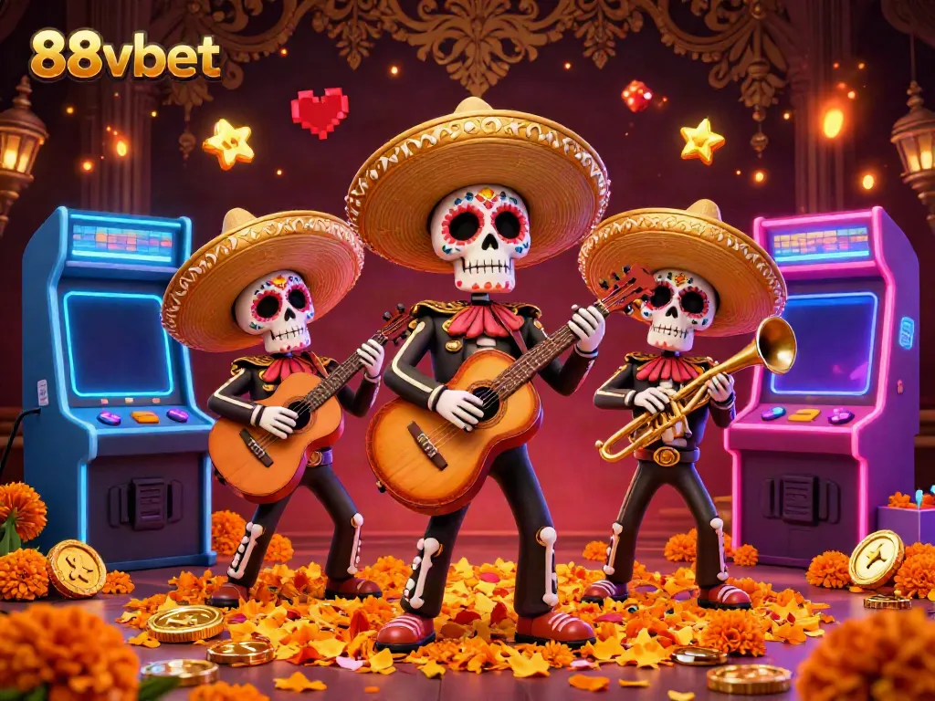 Experience the vibrant world of 88vbet with lively mariachis and arcade elements in this stunning casino-themed illustration.
