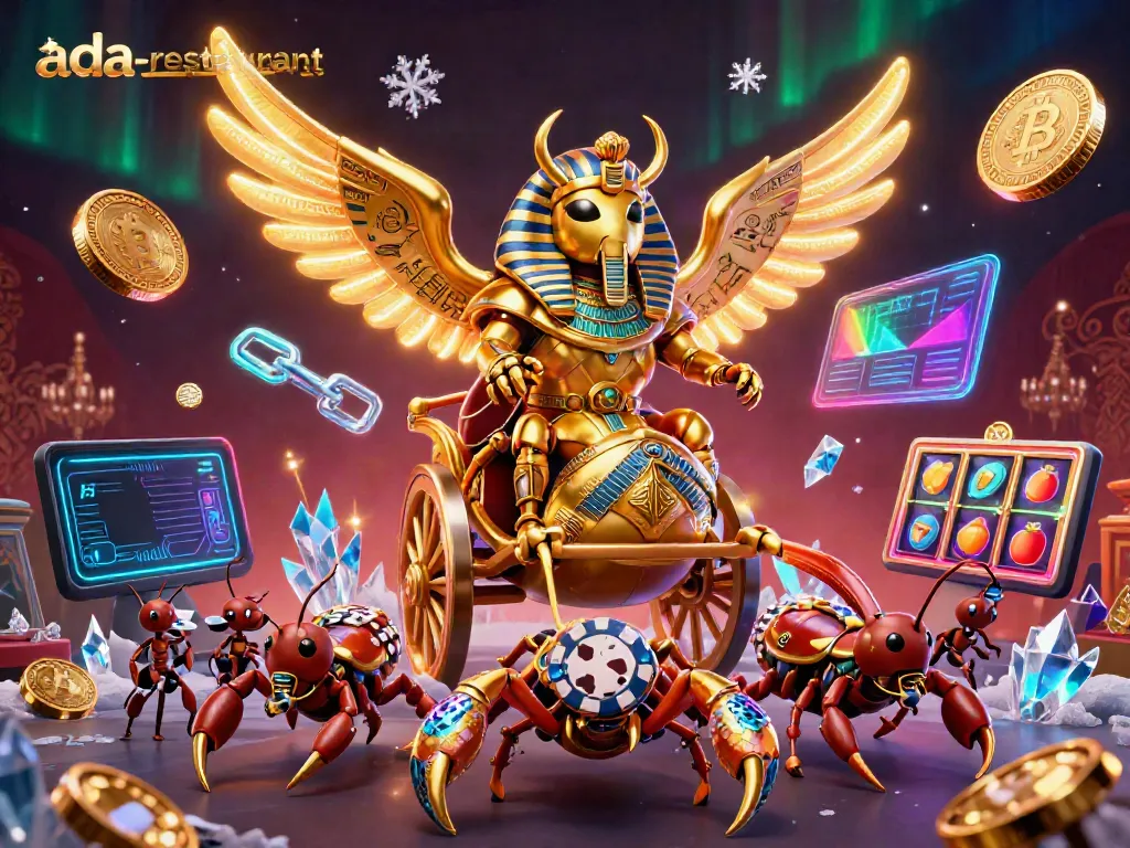 Engage with the excitement of ada-restaurant as a golden scarab beetle leads a chariot amidst dynamic casino elements.
