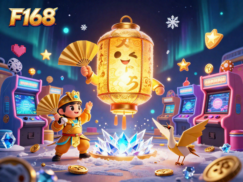 Visualize thrilling gameplay at F168 with a luminous golden lantern spirit soaring over arcade machines.