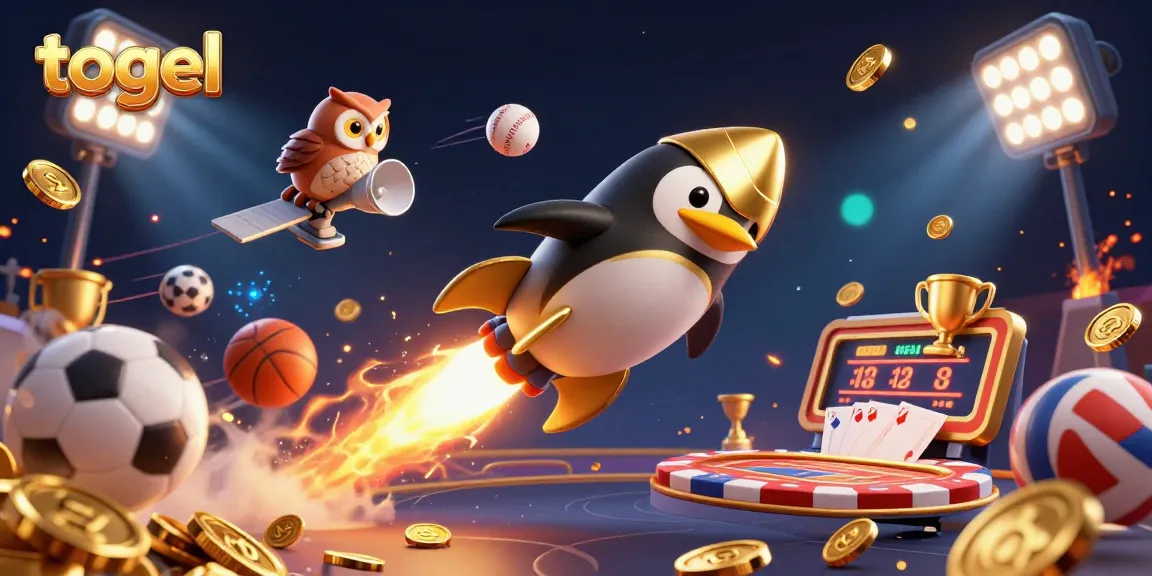 Play togel with excitement in this vibrant 3D illustration showcasing a golden penguin and casino elements.