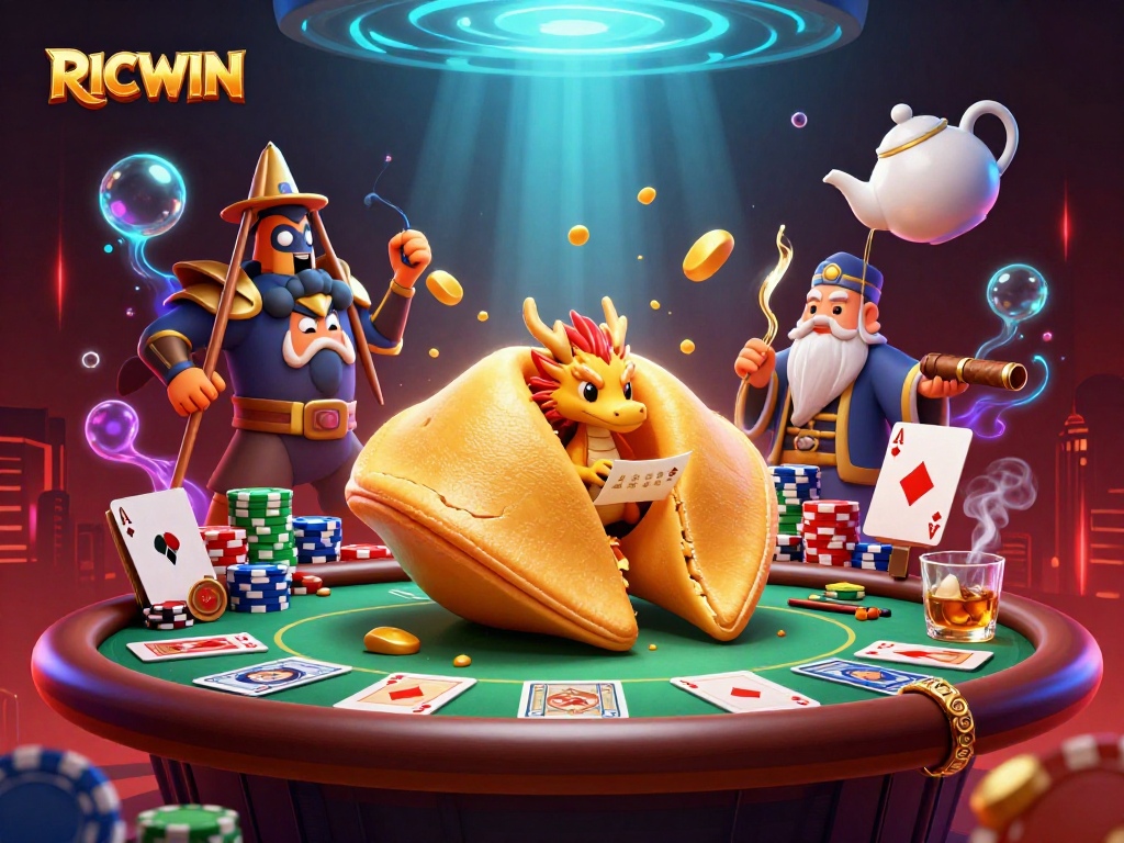 Join RICWIN at an exciting casino scene with a giant golden cookie and poker elements.