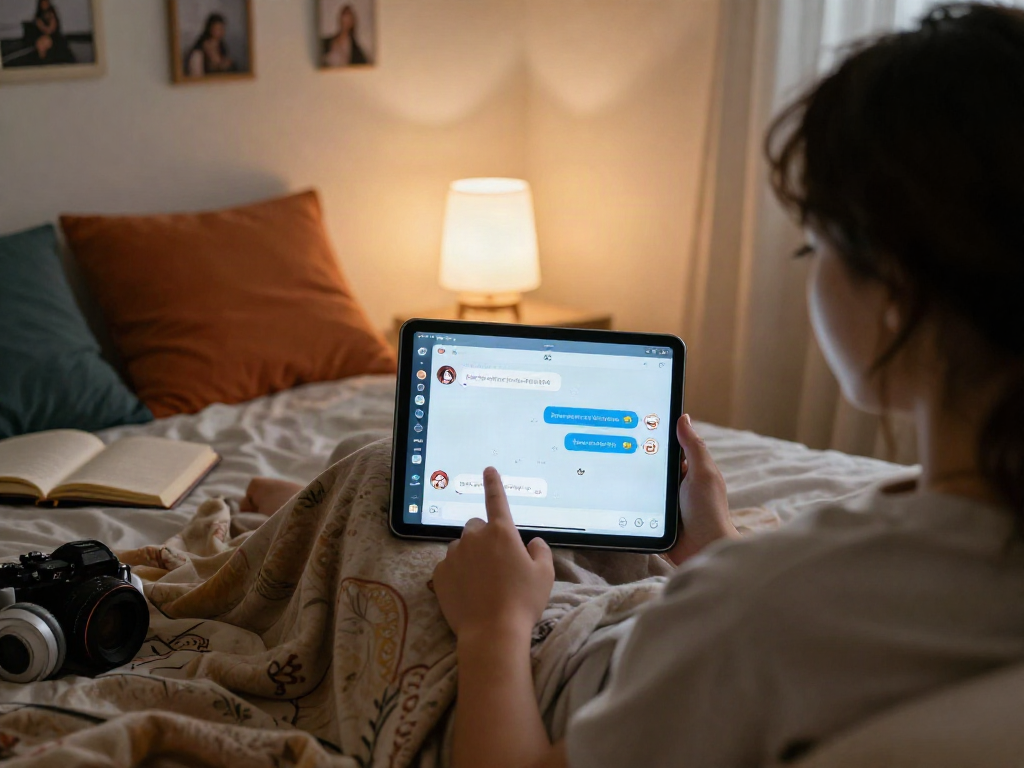 Engaging in AI chat porn interactions on a cozy bed with a tablet.