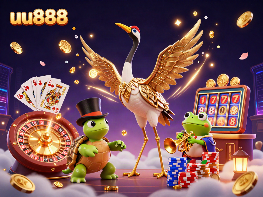 Win big with uu888 in this vibrant casino scene featuring playful characters and dazzling gaming elements.