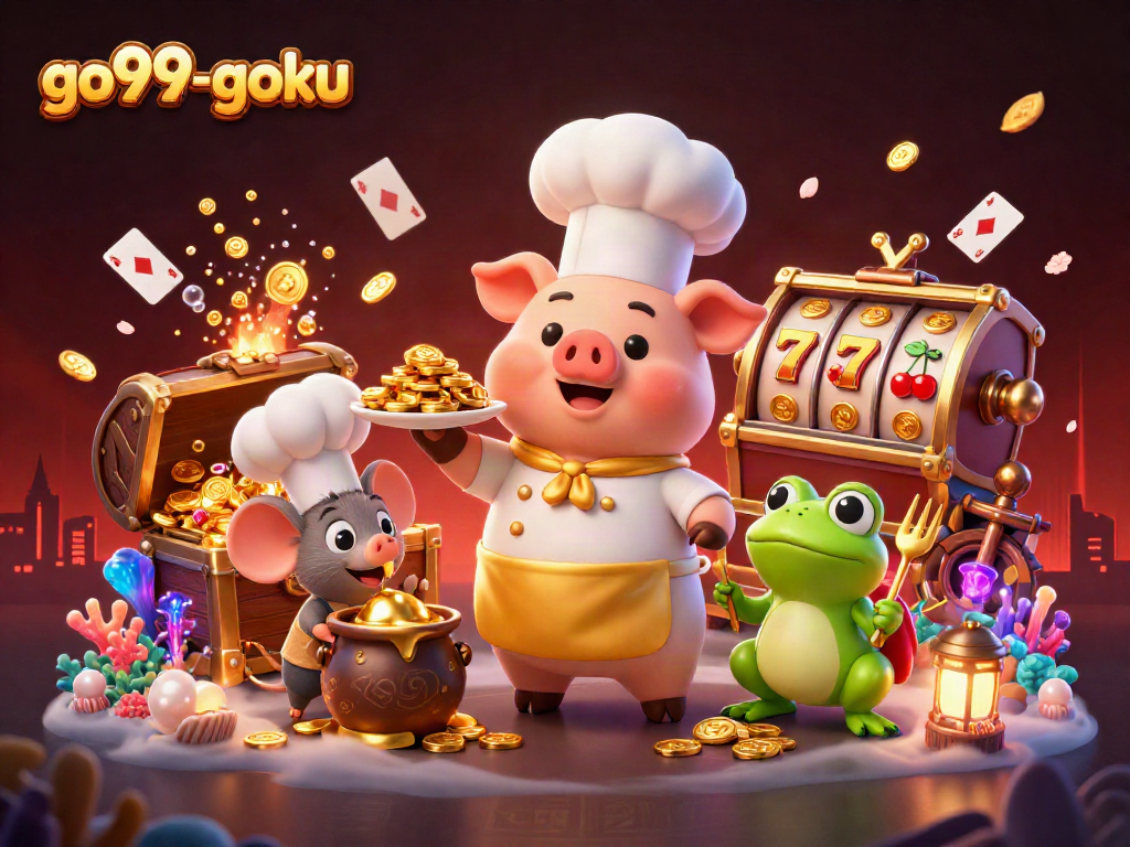 Experience go99-goku with vibrant 3D casino scene featuring characters serving slot machine riches.