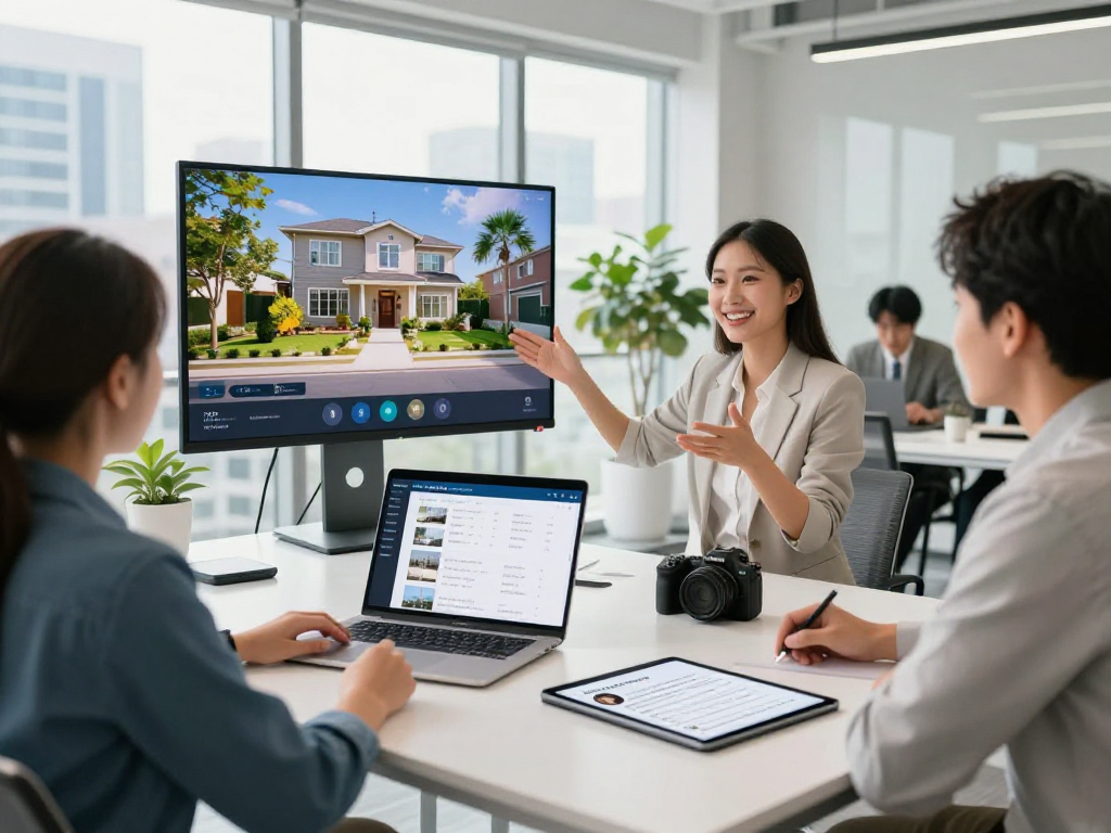 Real estate agent showcasing IDXSTAR platform in a modern office environment.