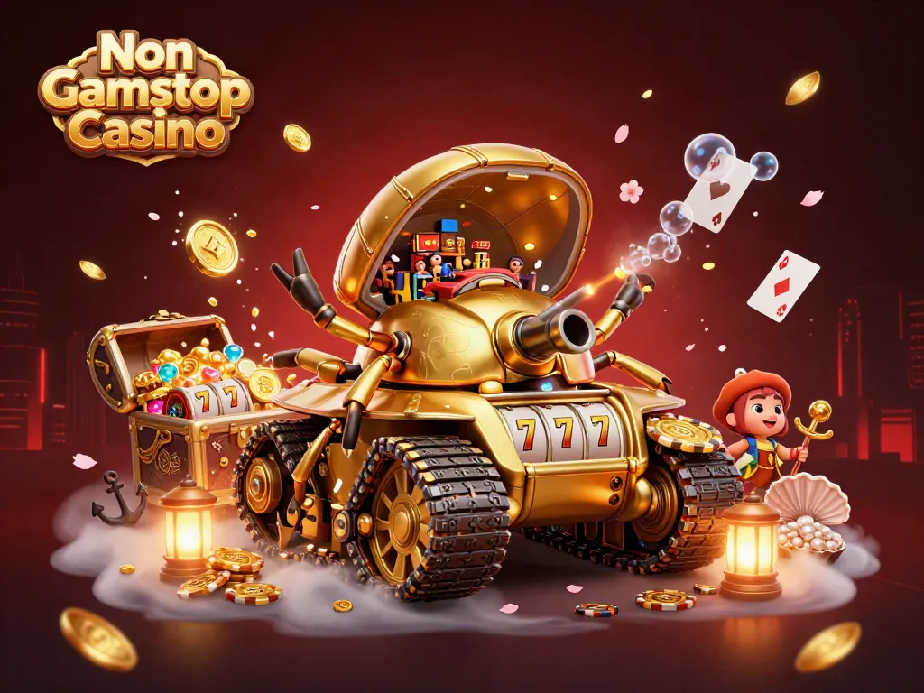 Engaging illustration of a Non Gamstop Casino within a golden beetle tank, showcasing dynamic gambling elements.