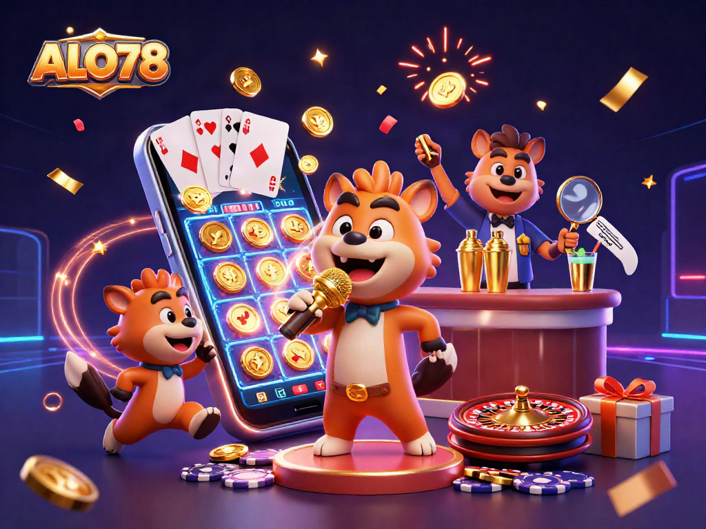 Experience the excitement of ALO78 with a lively casino scene featuring hyenas cracking jokes and winning!