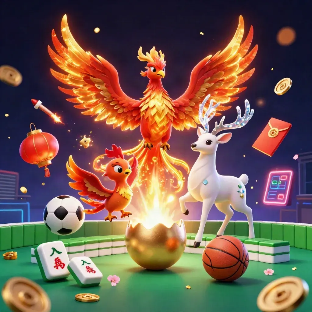 Phoenix, stag and casino props burst around mid-flight balls in neon light.