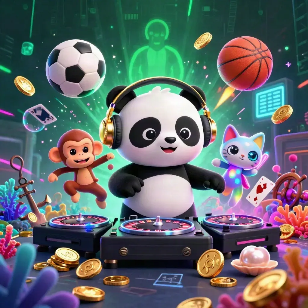 DJ panda, monkey, and kitten in a neon treasure cove with casino sports props