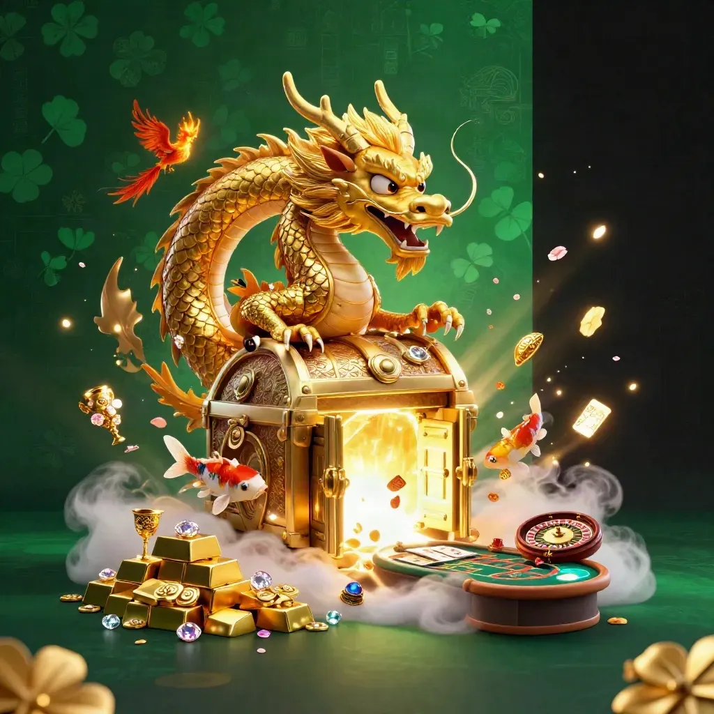 Golden dragon with phoenix, koi, treasure, vault door, and casino table in emerald neon