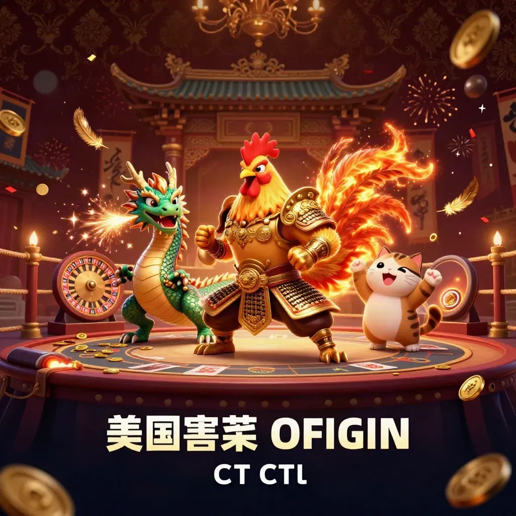 Rooster samurai, dragon hatchling and fortune-cat in a glowing casino temple battle.