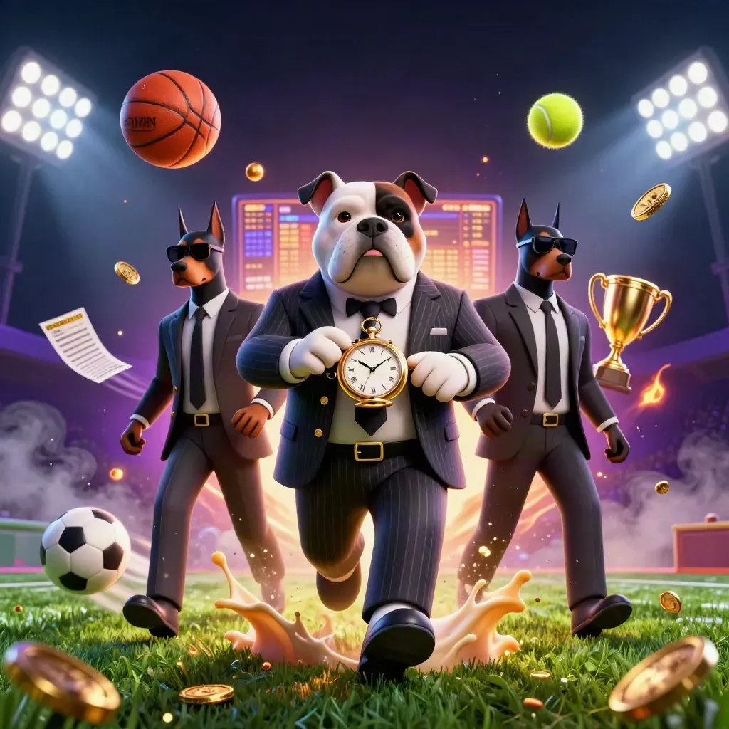 Bulldog mob boss and Doberman guards amid flying balls, coins, trophy and stadium lights.