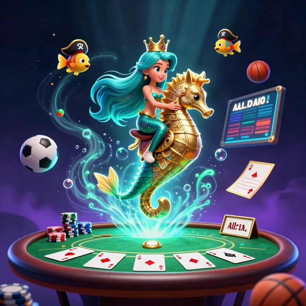 Mermaid princess on a golden seahorse amid poker chips, cards, fish, and neon underwater glow.