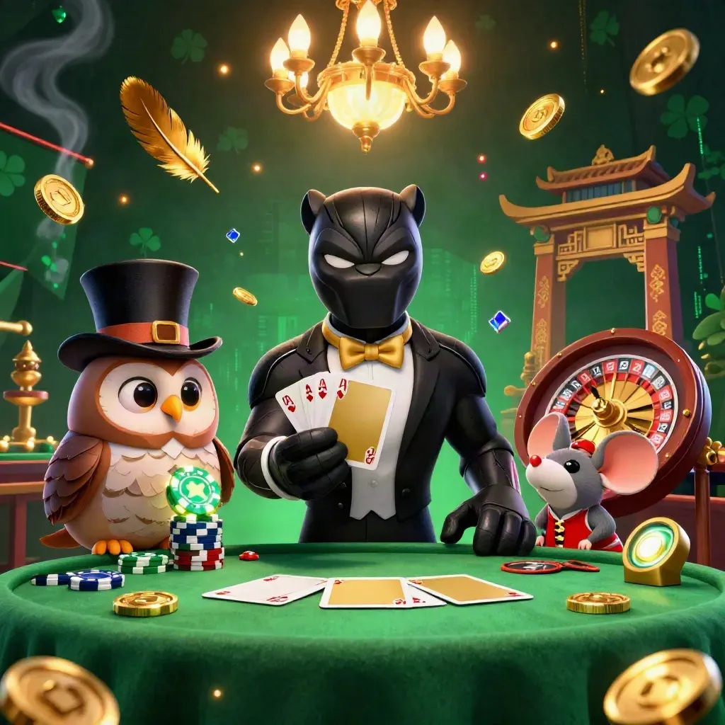 Panther dealer, owl, and mouse in a luxe emerald casino with gold light and swirling sparks