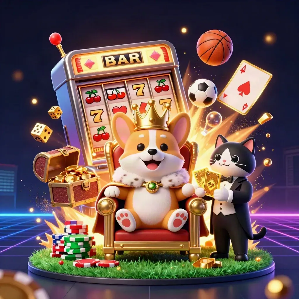Crowned corgi and cat butler amid flying slot symbols, balls, chips and gold under lights