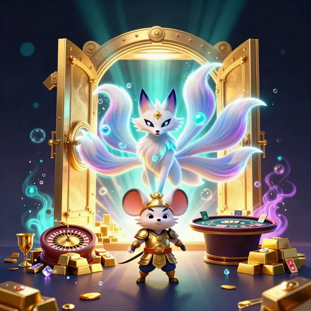 Neon nine-tailed fox and samurai mouse amid vault gold, roulette glow, and magical cyan-purple light.